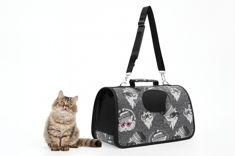 Cat Print Pet Carrier – Foldable Travel Bag with Mesh & Strap