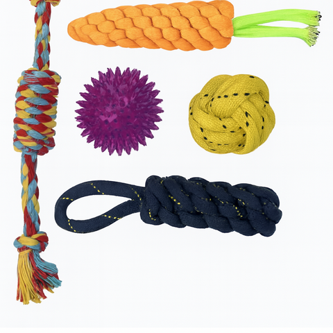 Dog Rope Toy 5in1 Chew Squeaky Rubber Training Set