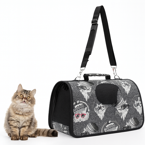 Cat Print Pet Carrier – Foldable Travel Bag with Mesh & Strap